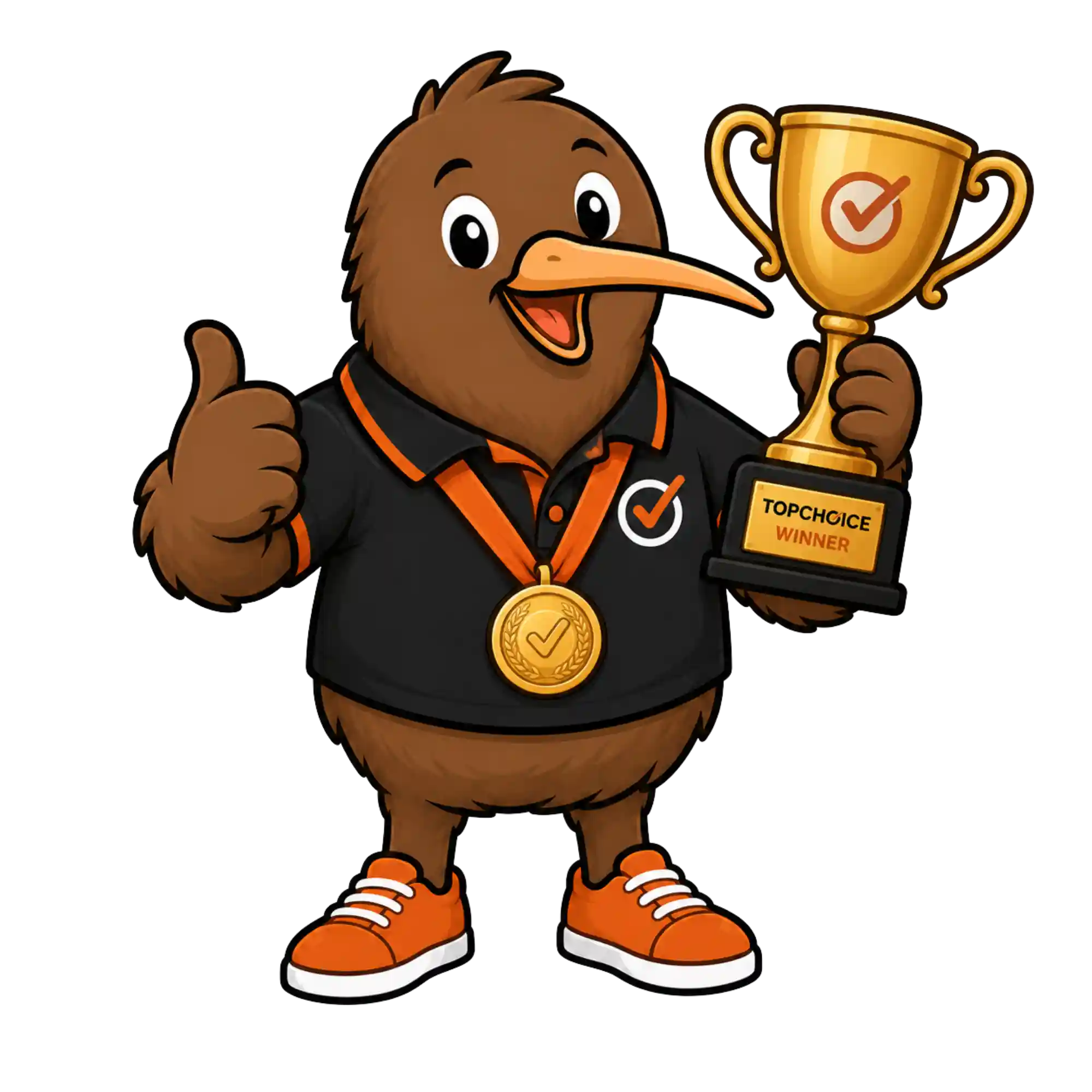 TopChoice kiwi mascot holding an awards trophy and winner's medal